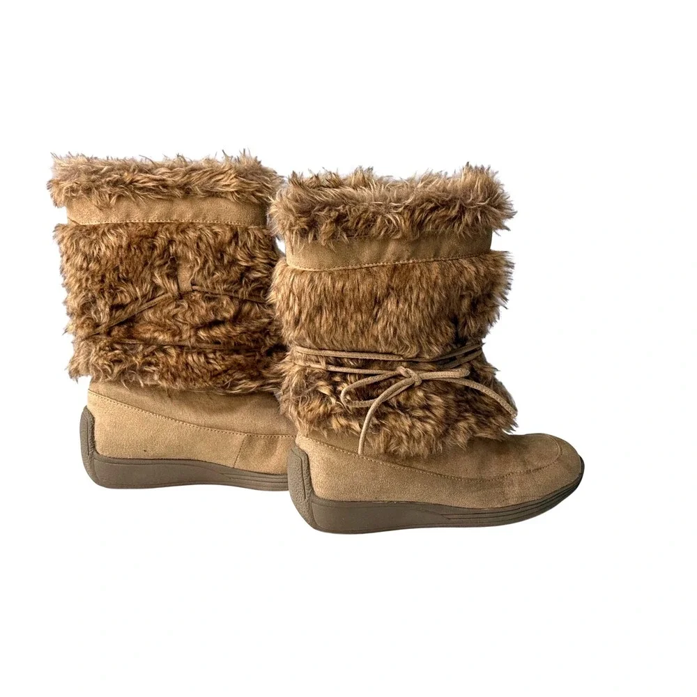 Union Bay Women's SZ 6.5 B Furry Camel Faux Suede Boots 